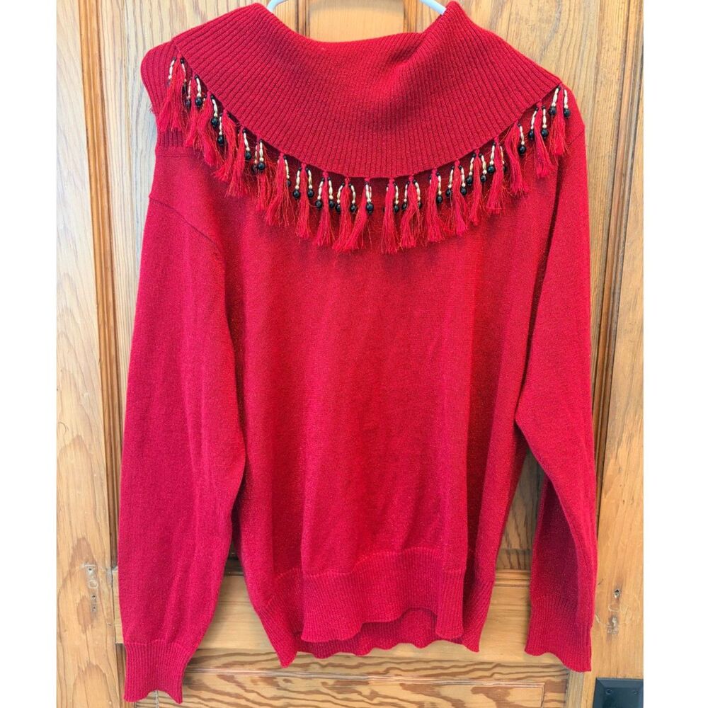 Dressbarn Red Metallic Cowl Neck Tassel Christmas Sweater Medium Festive Holiday